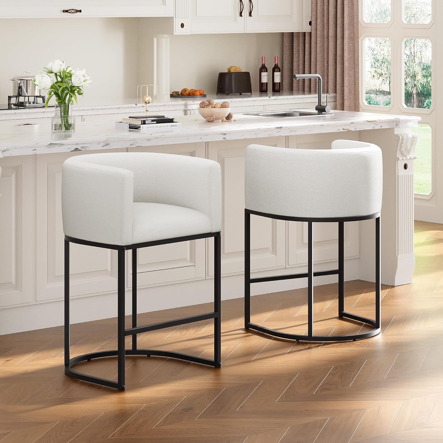 26" H Counter Height Bar Stools Set of 3, Modern Barrel Counter Stools with Backrest and Arms, Linen Fabric Upholstered Accent Barstools for Kitchen Island,Support 450 LBS (White)