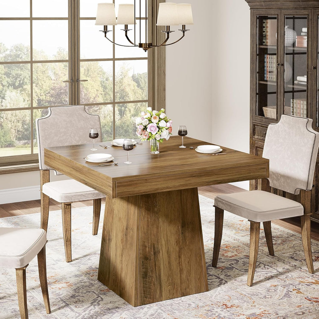 Tribesigns Square Dining Table for 4, 31.5-Inch Small Kitchen Table with Sturdy Pedestal Base, Farmhouse Dinner Table for Dining Room, Living Room, Kitchen, Brown