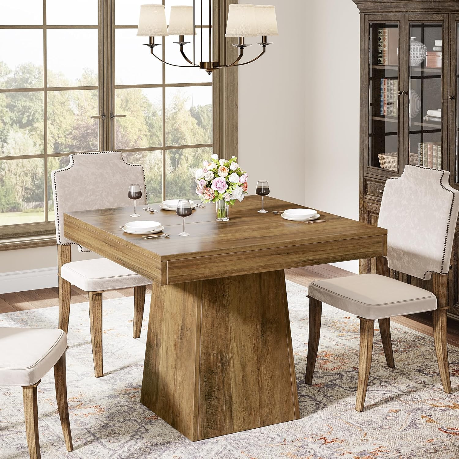 Tribesigns Square Dining Table for 4, 31.5-Inch Small Kitchen Table with Sturdy Pedestal Base, Farmhouse Dinner Table for Dining Room, Living Room, Kitchen, Brown