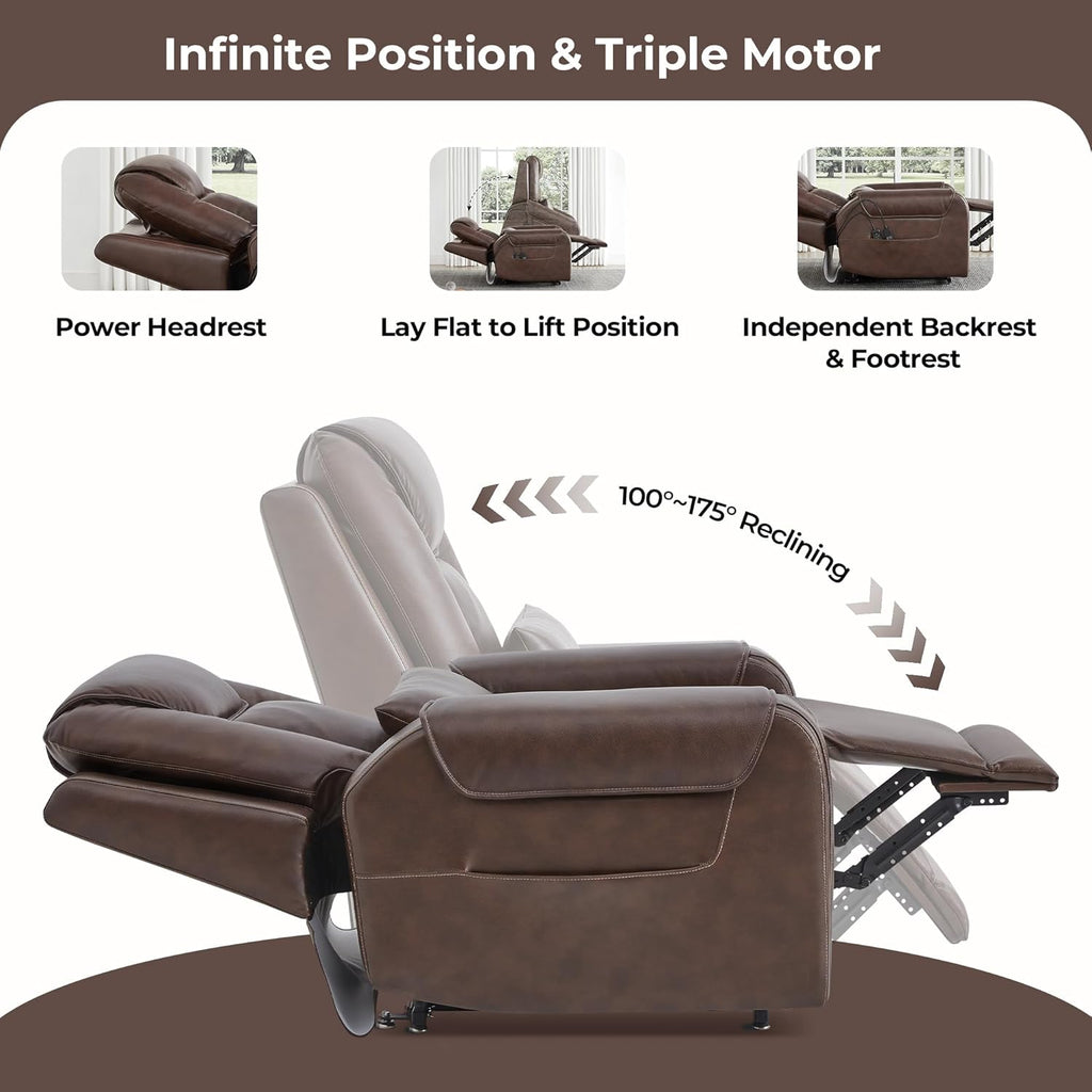 CHITA Electric Power Lift Recliner Chair for Elderly with Massage and Heat, Large Lay Flat Genuine Leather Recliner Chair with Cup Holders, USB Ports, Power Headrest, Independent Backrest, Dark Brown