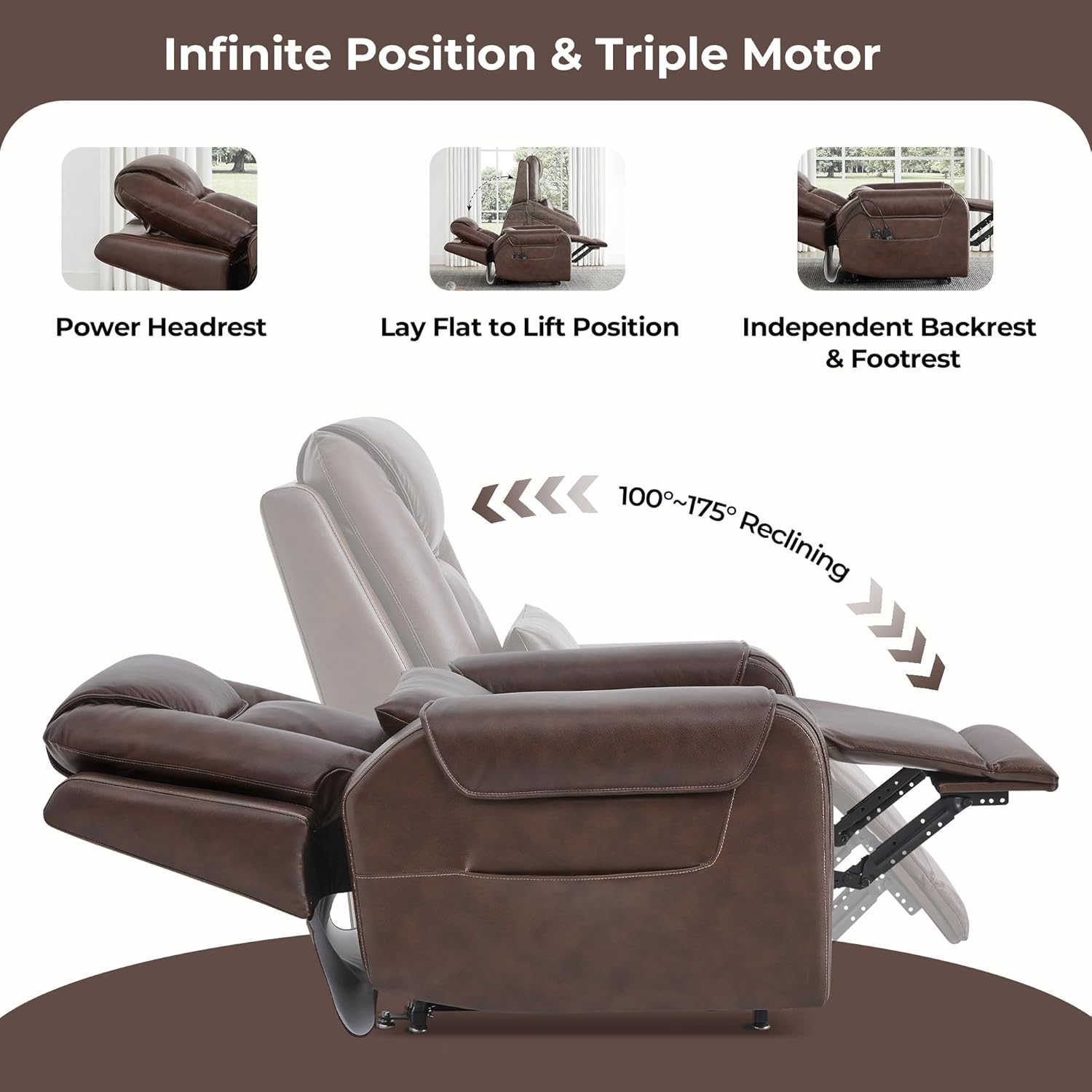 CHITA Electric Power Lift Recliner Chair for Elderly with Massage and Heat, Large Lay Flat Genuine Leather Recliner Chair with Cup Holders, USB Ports, Power Headrest, Independent Backrest, Dark Brown
