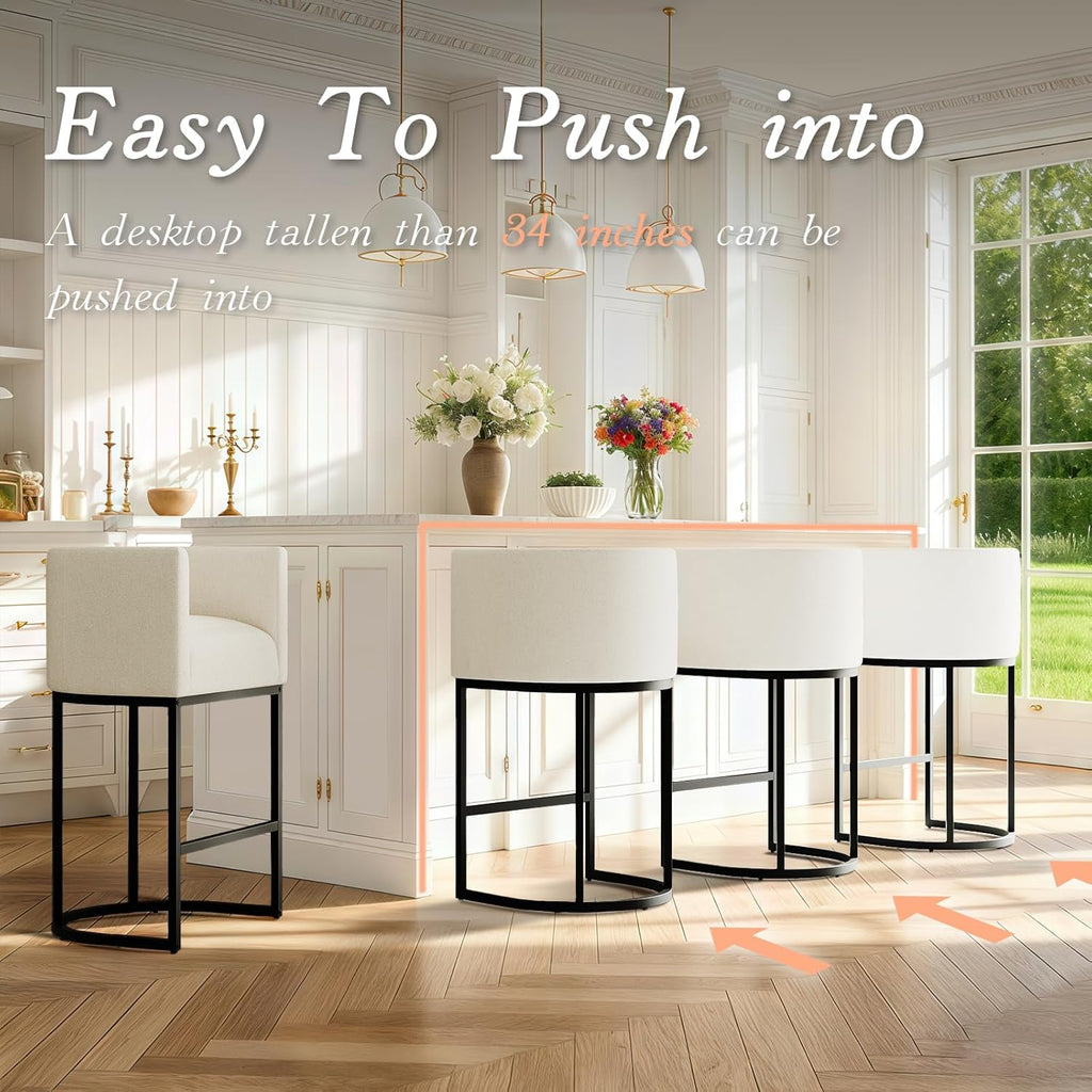 Modern Counter Height Bar Stools,Bar Stools Set of 3,Fabric Upholstered Barrel Barstools with Backs,26'' Kitchen Island Chairs,Metal Black Frames,Snowy White Linen