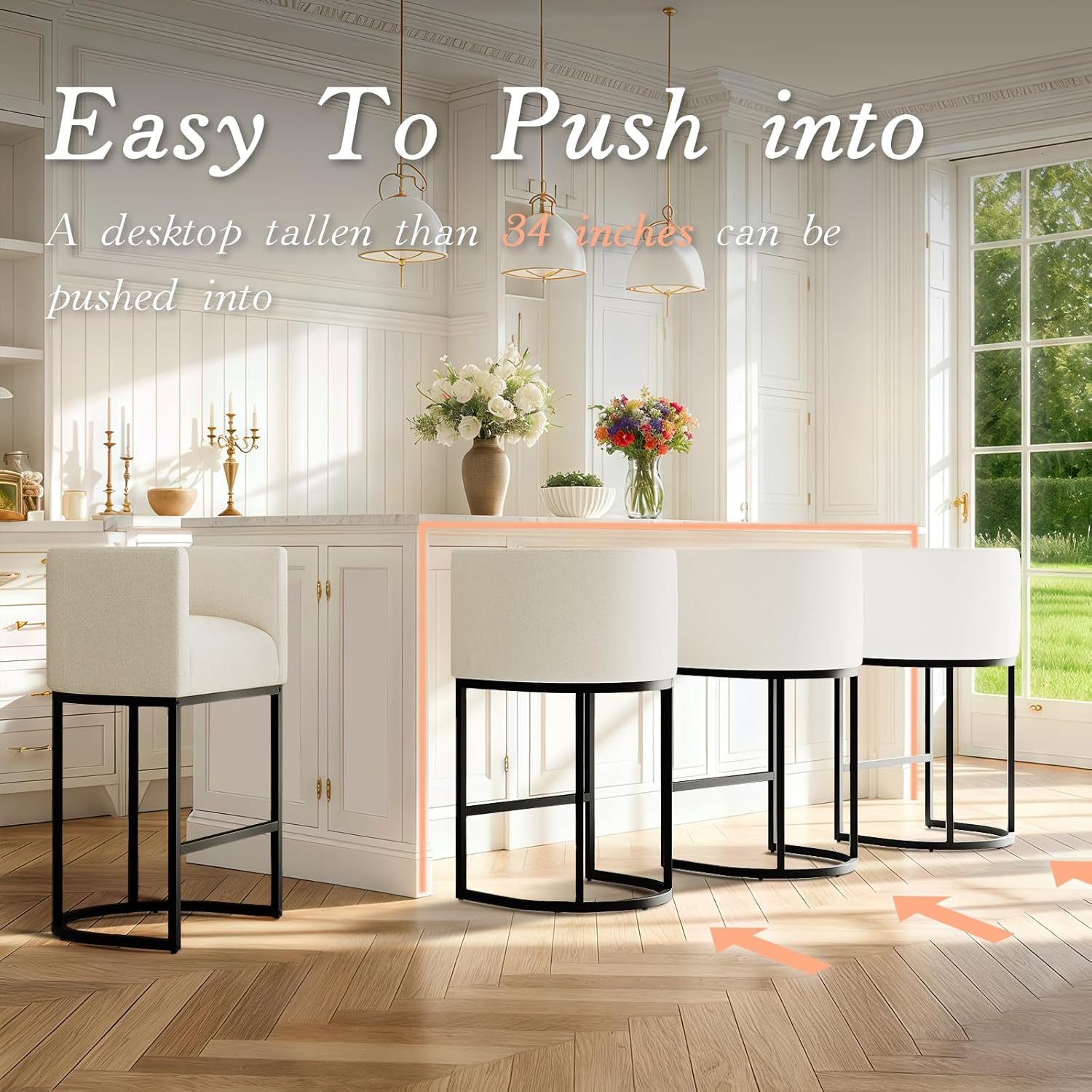 Modern Counter Height Bar Stools,Bar Stools Set of 3,Fabric Upholstered Barrel Barstools with Backs,26'' Kitchen Island Chairs,Metal Black Frames,Snowy White Linen