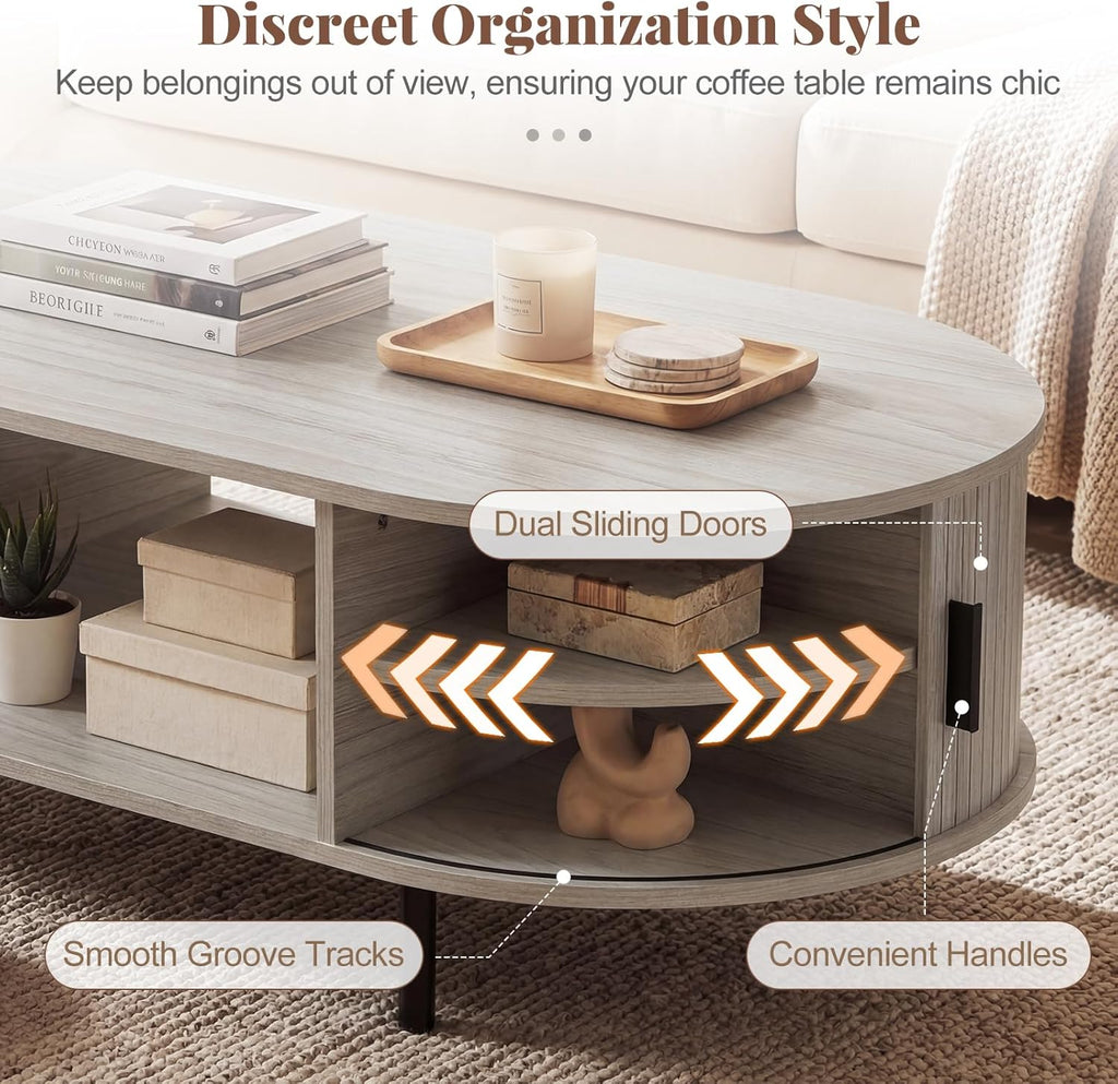 Giantex Oval Coffee Table, 47.5" Mid Century Modern Center Table with Sliding Tambour Doors, Hidden Storage & Open Compartment, Fluted Wood Living Room Tables for Small Spaces (Light Grey Oak)