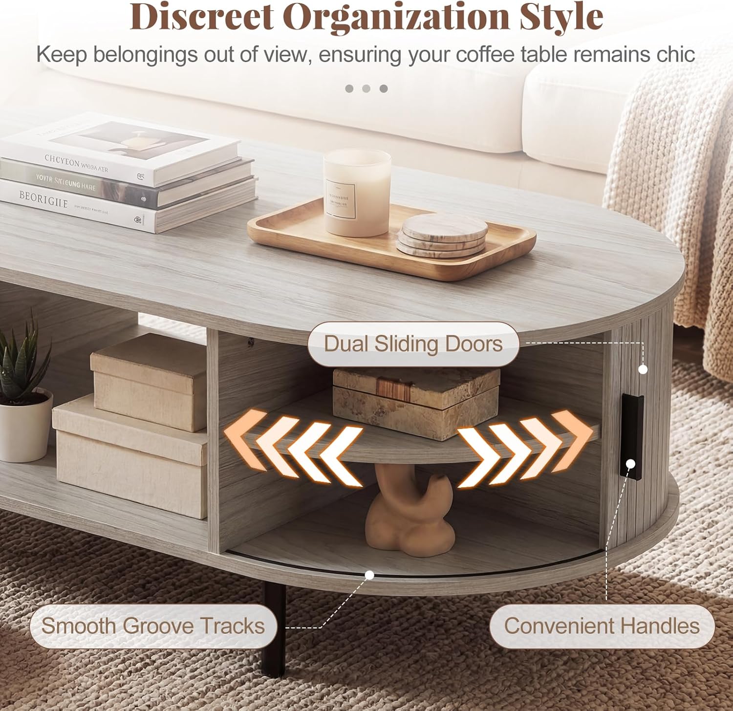 Giantex Oval Coffee Table, 47.5" Mid Century Modern Center Table with Sliding Tambour Doors, Hidden Storage & Open Compartment, Fluted Wood Living Room Tables for Small Spaces (Light Grey Oak)