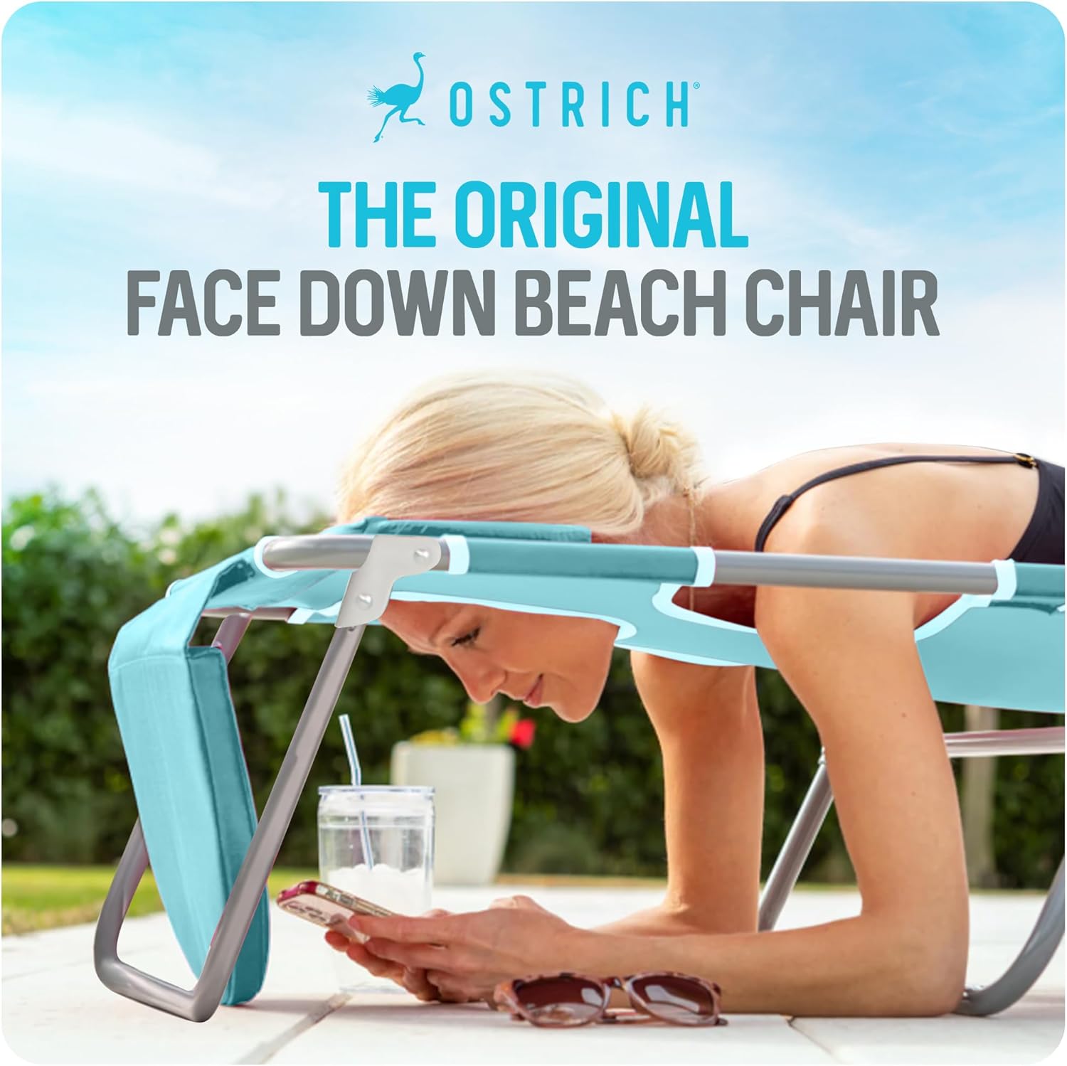 Ostrich the Deluxe 3N1 Lightweight Lawn Beach Reclining Lounge Chair with Footrest, Outdoor Furniture for Patio, Balcony, Backyard, or Porch, Aqua