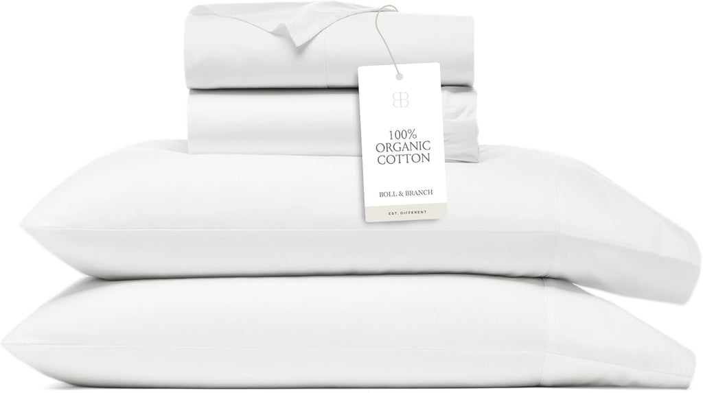 BOLL & BRANCH Signature Hemmed Sheet Set - Queen, White - Luxury 100% Organic Cotton - Includes 1 Flat, 1 Fitted, 2 Pillowcases - Buttery Soft