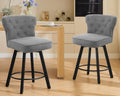 Counter Height Bar Stools Set of 2, 26" Mid-Century Swivel Bar Stool with Metal Base for Kitchen Island, Rivet Armless Linen Fabric Barstool with High Back and Large Thick Cushion, Gray