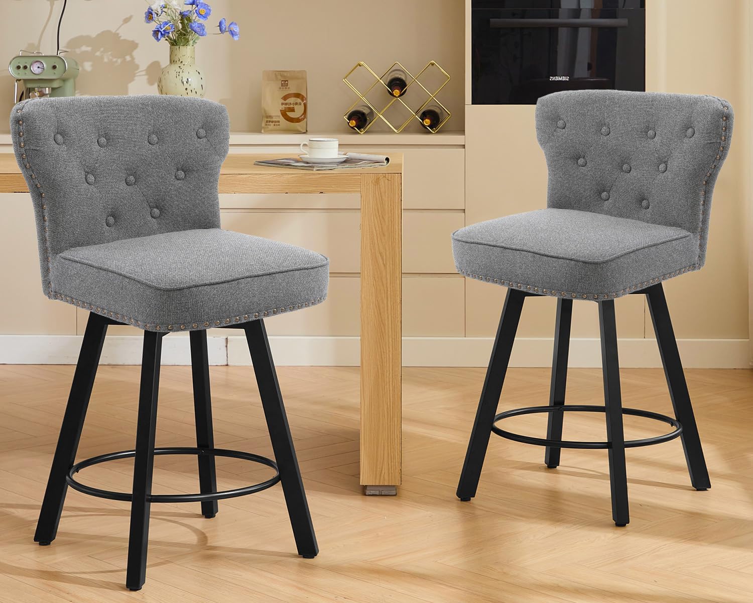 Counter Height Bar Stools Set of 2, 26" Mid-Century Swivel Bar Stool with Metal Base for Kitchen Island, Rivet Armless Linen Fabric Barstool with High Back and Large Thick Cushion, Gray