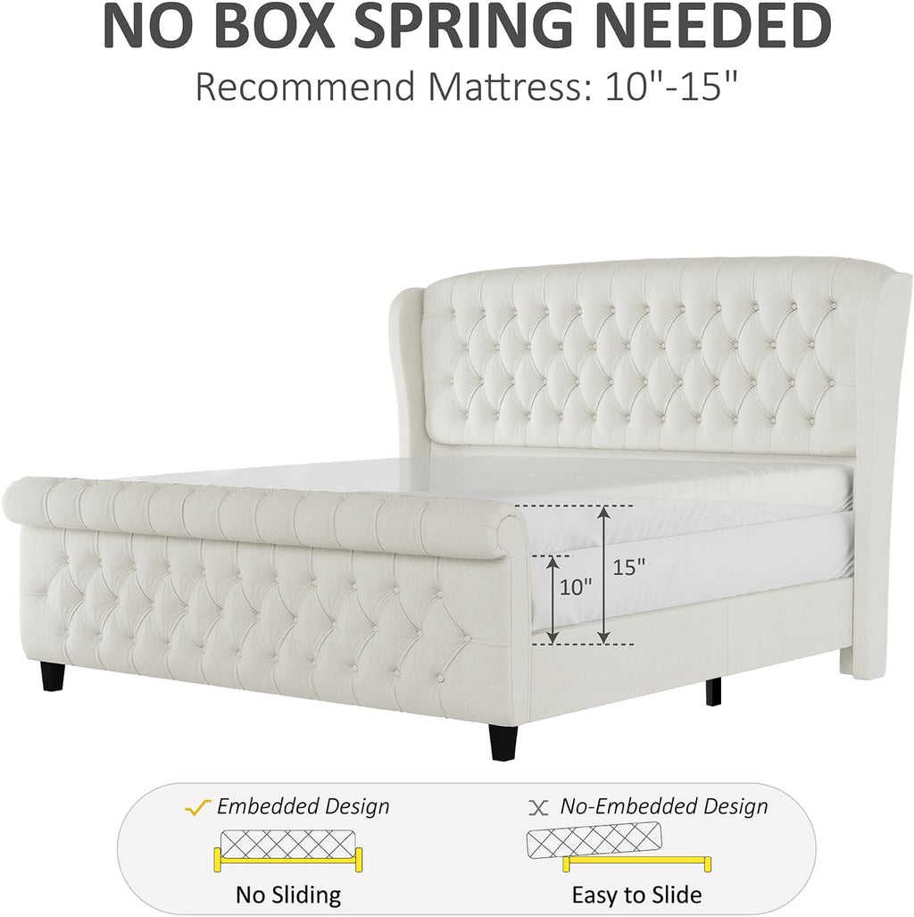 King Size Platform Bed Frame, Chenille Upholstered Sleigh Bed with Curved Headboard & Footboard, Deep Button Tufted, Wood Slats Support, No Box Spring Needed, Cream