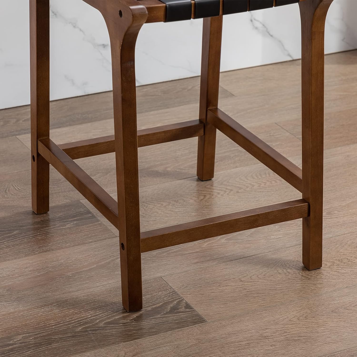 Counter Stools Set of 2 Modern 23.5" Counter Height Barstool with PU Leather Woven Strap Seat & Open Back Walnut Wood Color Chairs with Footrest for Home Bar/Dining Room/Kitchen Island, Black