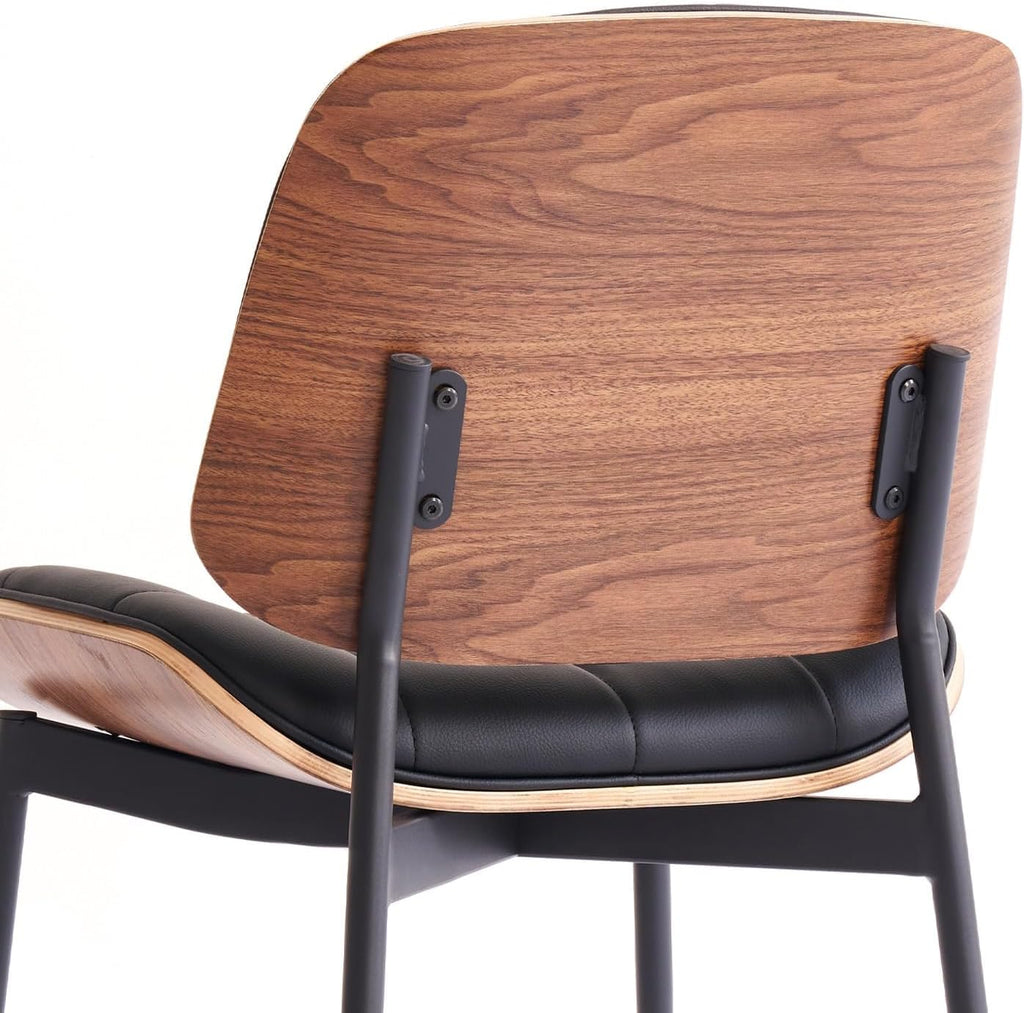 Mid Century Modern Dining Chairs with Walnut Grain Back, Black Faux Leather Dining Room Chairs Set of 2, Checkered Soft Cushion Kitchen Chairs with Adjustable Foot Pads