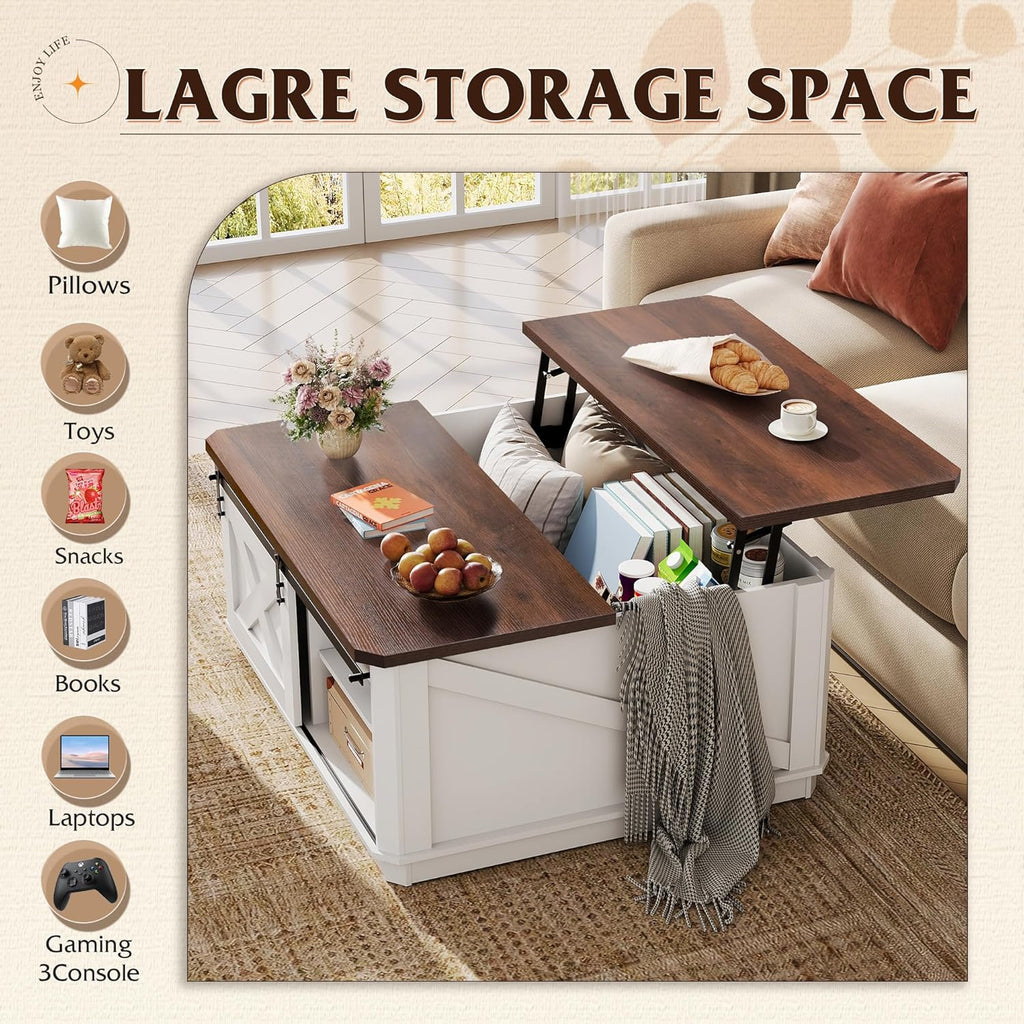 WLIVE Framhouse Coffee Table with Storage, 35.5" Lift Top Coffee Table for Living Room, Square Center Table, Rustic Cocktail Table with Sliding Barn Doors, Curevd Base, White