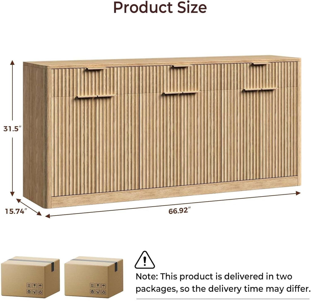 Evermagin 67" Fluted Oak Sideboard Buffet Cabinet with 3 Drawers, Modern Credenza with Storage, Console Coffee Bar Cabinet for Kitchen, Living Room and Entryway (67" W x 31.5" H x 15.7" D)