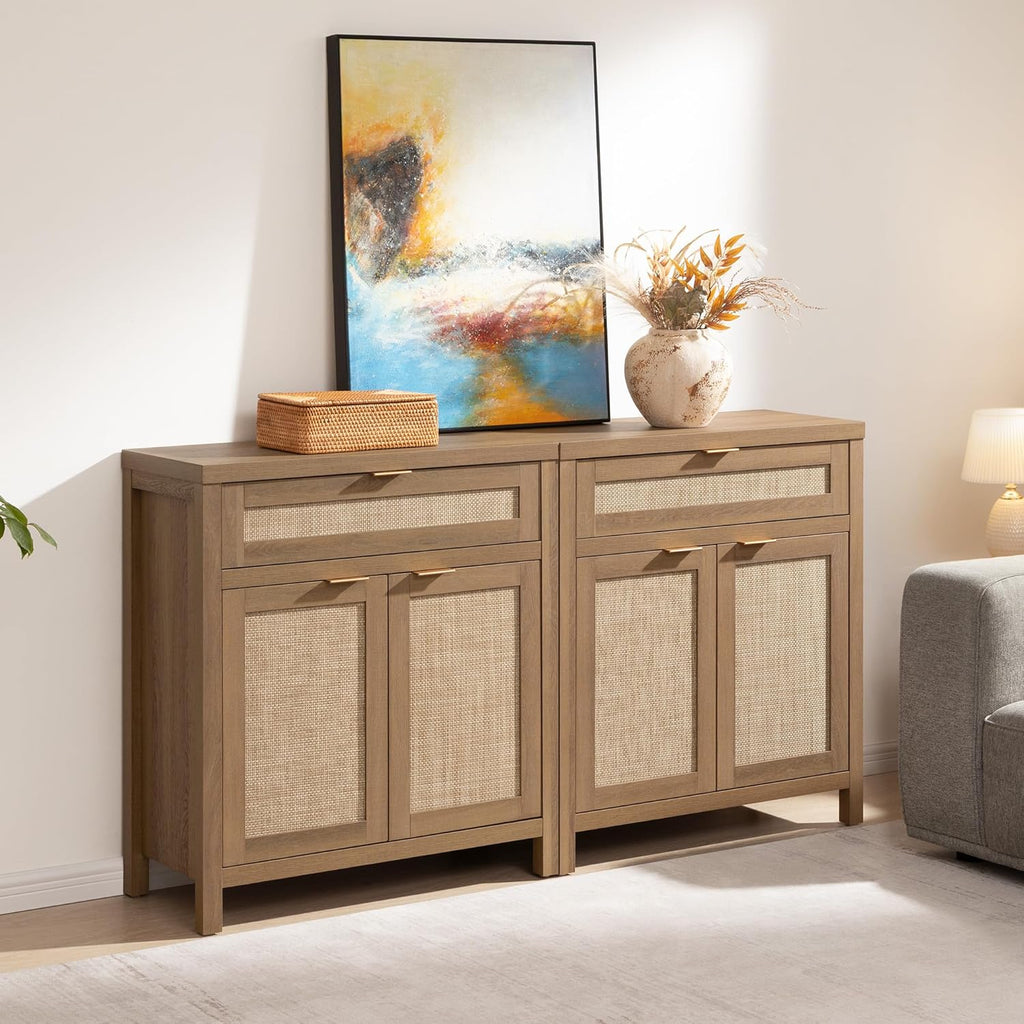 SICOTAS Sideboard Buffet Cabinet Set of 2, Rattan Credenza Storage Cabinet, Boho Buffet Table Console Cabinets with Drawer, Farmhouse Coffee Bar for Entryway Living Room, Natural Oak