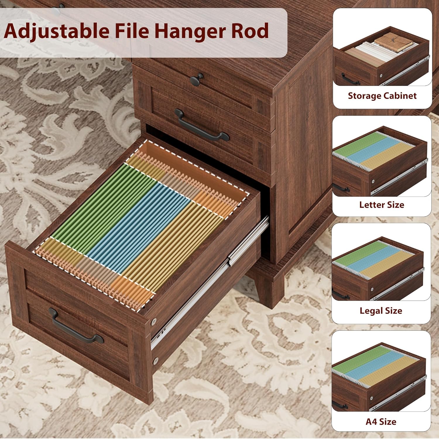GarveeHome Executive Desk with File Drawers, Farmhouse Home Office Desk with Charging Station, 60 in Wooden Computer Desk with Cabinet Storage for Work Study Writing, Walunt Brown