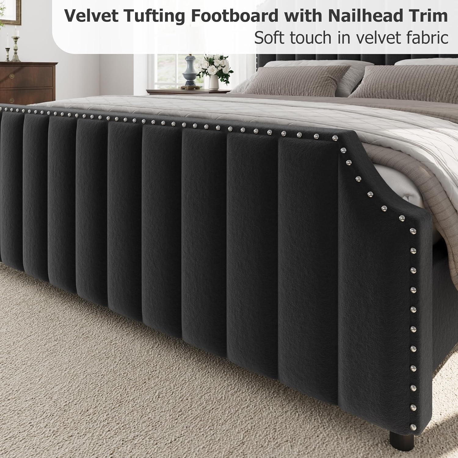 GarveeHome Queen Size Platform Bed Frame with 50.2 in Tall Headboard, Velvet Upholstered Bed Frame Queen with Vertical Channel Tufted Headboard & Footboard, Nailhead Trim, No Box Spring Needed, Black