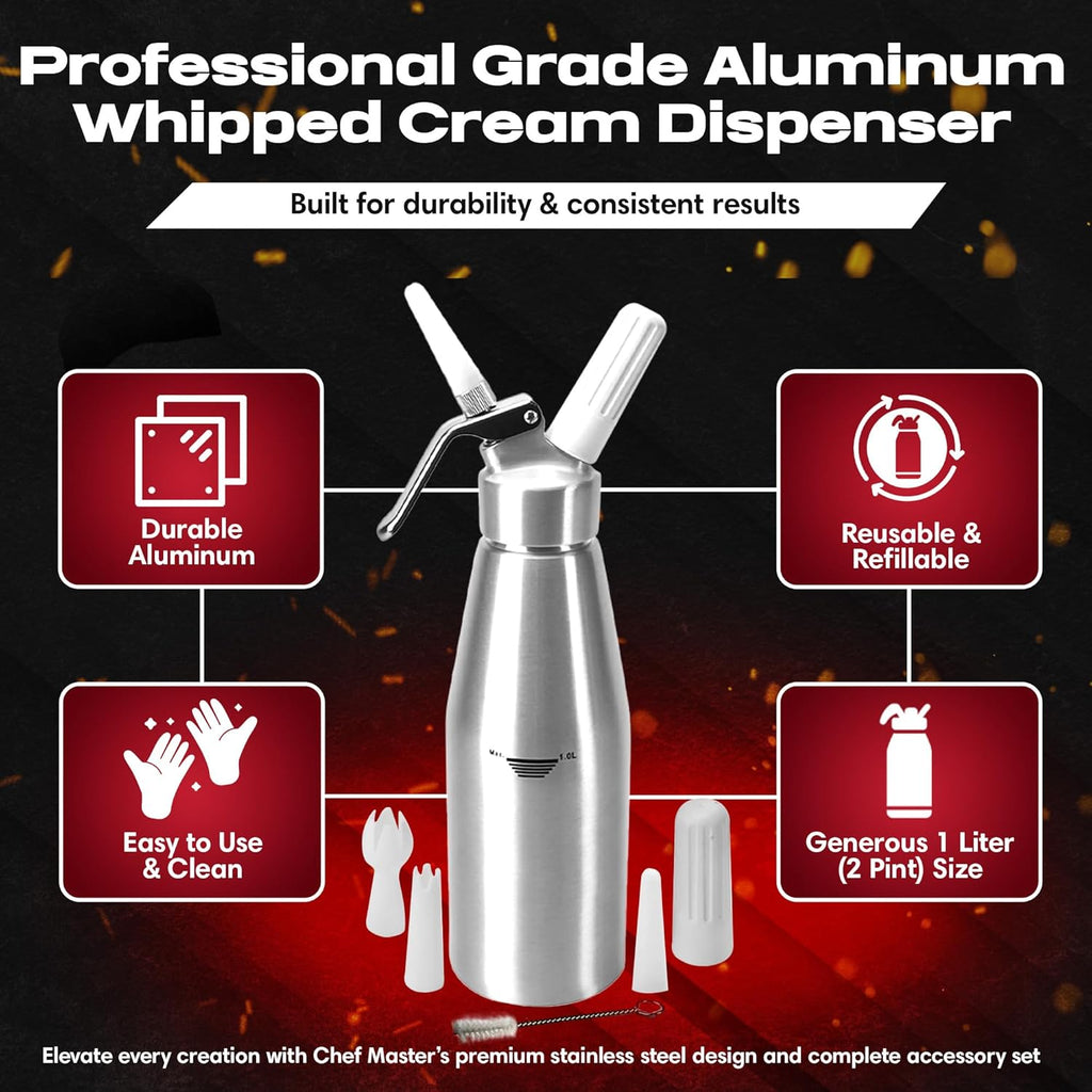 Chef Master (2 Pint / 1 Liter) Aluminum Whipped Cream Dispenser - Decorating Tips for Desserts, Coffee, Latte + Cleaning Brush - Whip Cream Dispenser Canister for Home, Bakery or Restaurant - 90077