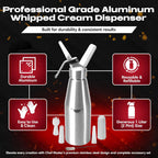 Chef Master (2 Pint / 1 Liter) Aluminum Whipped Cream Dispenser - Decorating Tips for Desserts, Coffee, Latte + Cleaning Brush - Whip Cream Dispenser Canister for Home, Bakery or Restaurant - 90077