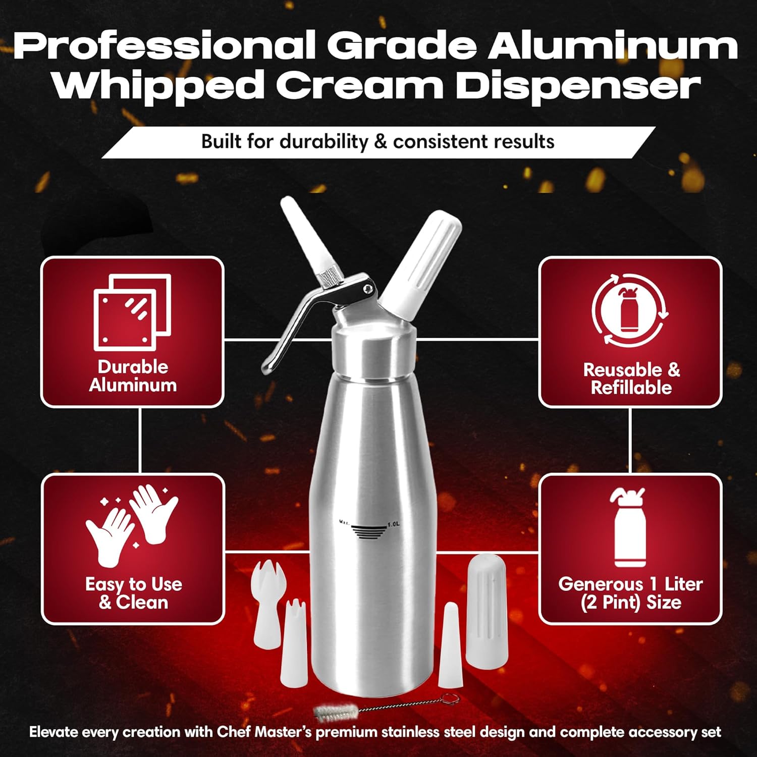 Chef Master (2 Pint / 1 Liter) Aluminum Whipped Cream Dispenser - Decorating Tips for Desserts, Coffee, Latte + Cleaning Brush - Whip Cream Dispenser Canister for Home, Bakery or Restaurant - 90077