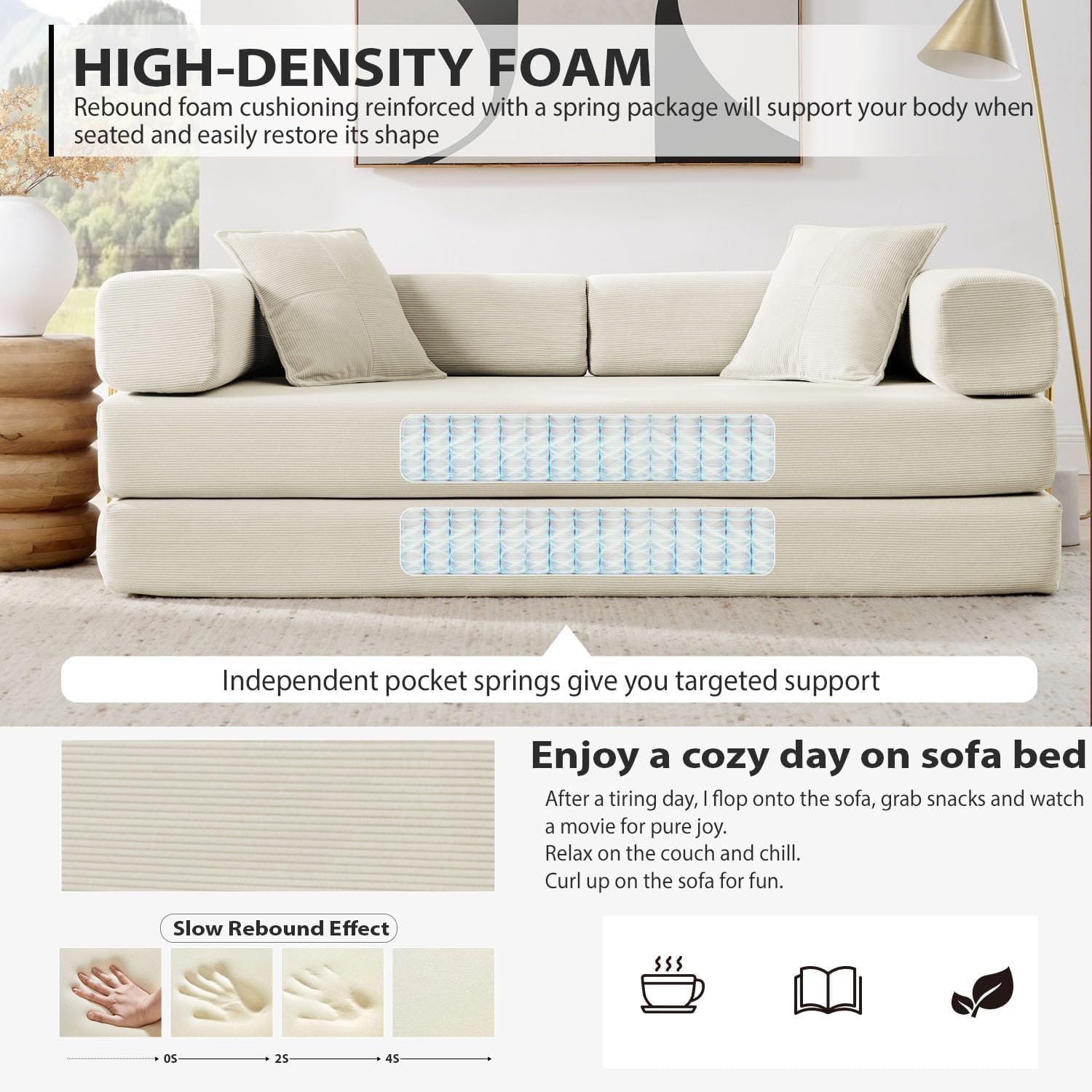 Convertible Folding Sofa Bed, Modern Futon Sleeper Sofa Fold Out Couch Bed with Gold Fixed Frame, Modular Floor Sofas Comfy Corduroy Boneless Couches for Living Room (78" Beige)