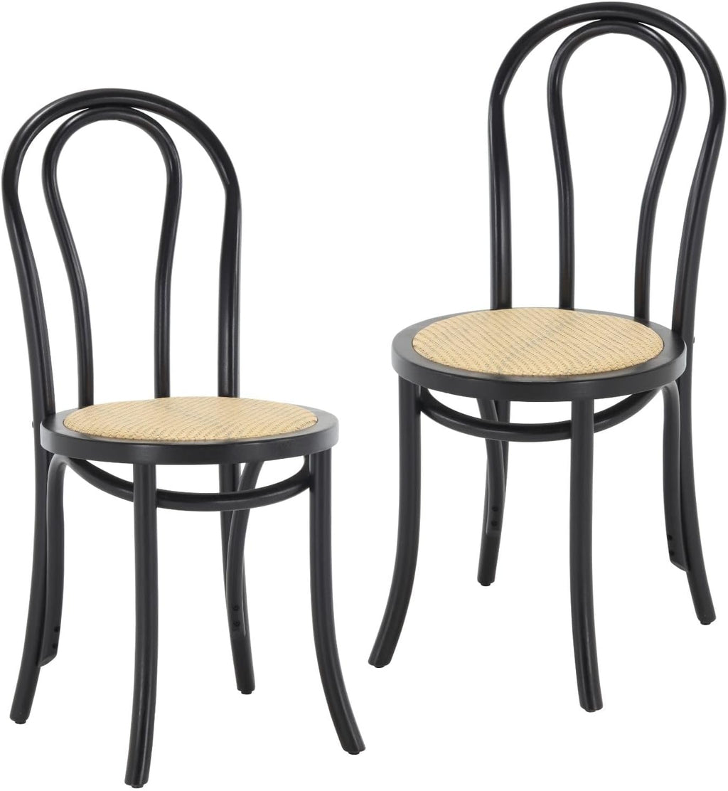 Solid Wood Dining Chairs Set of 2 Mid-Century Modern Rattan Kitchen Room Chairs with Backrest Bentwood Side/Desk Chairs for Dining/Living Room,Home, Black Wood