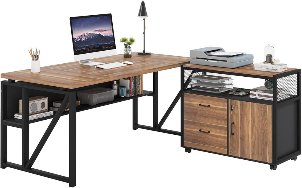 Tribesigns 63" Executive with Drawer Cabinet, L Shaped Desk and Lock lateral File Cabinet, 2 Piece Home Office Furniture Set with Drawers for Hanging File, (Brown, 63 inches)