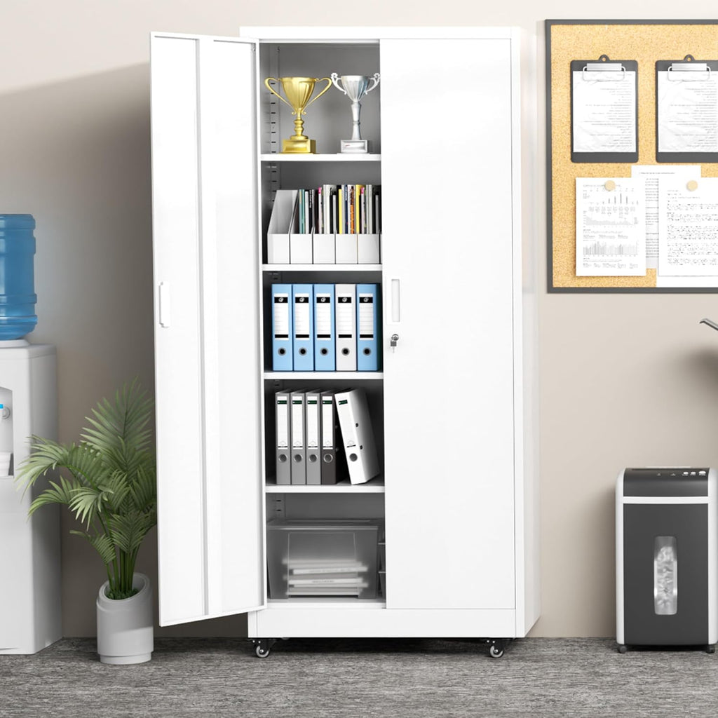 Greenvelly 73" Storage Cabinet with Wheels,Metal Rolling Garage Cabinet with Locking Doors and 4 Adjustable Shelves for Home,Kitchen,Office,Warehouse(32" W x 16" D, White)