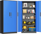 Greenvelly Metal Storage Cabinet, Steel Garage Cabinet with Doors and Adjustable Shelves, Metal Cabinet with Lock,Tall Metal Office Storage Cabinet for Garage,Home Office,School (Black Blue)