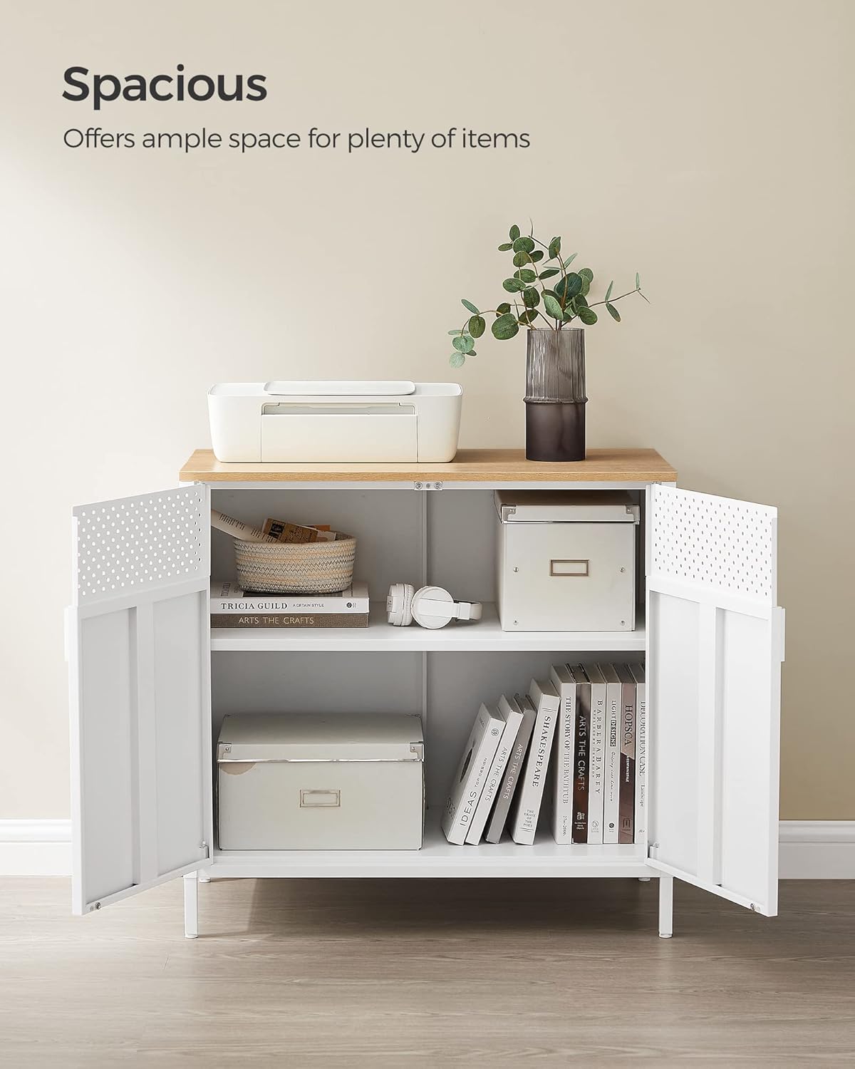 SONGMICS Storage Cabinet, Metal Cabinet, Sideboard with 2 Doors, 15.7 x 31.5 x 29.9 Inches, Magnetic Closure, Adjustable Shelf, Steel Frame, Natural Beige and White ULSC102W57