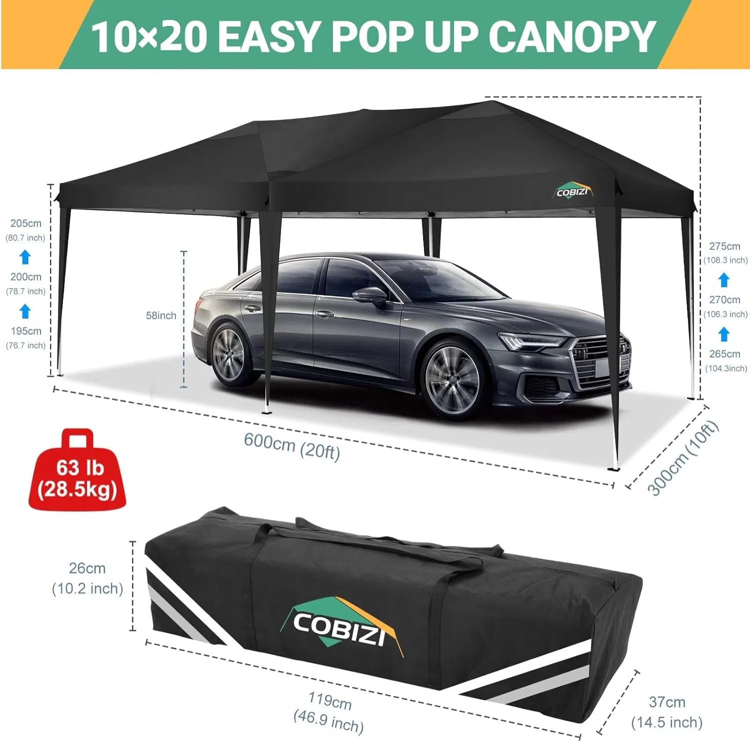 COBIZI Canopy 10x20 Pop Up Canopy Tent with 6 Sidewalls Outdoor Party Tent 10x20 Waterproof Commercial Instant Shelter UPF 50+ Portable Gazebo Wedding Tents for Parties Car Port Vender Events(Black