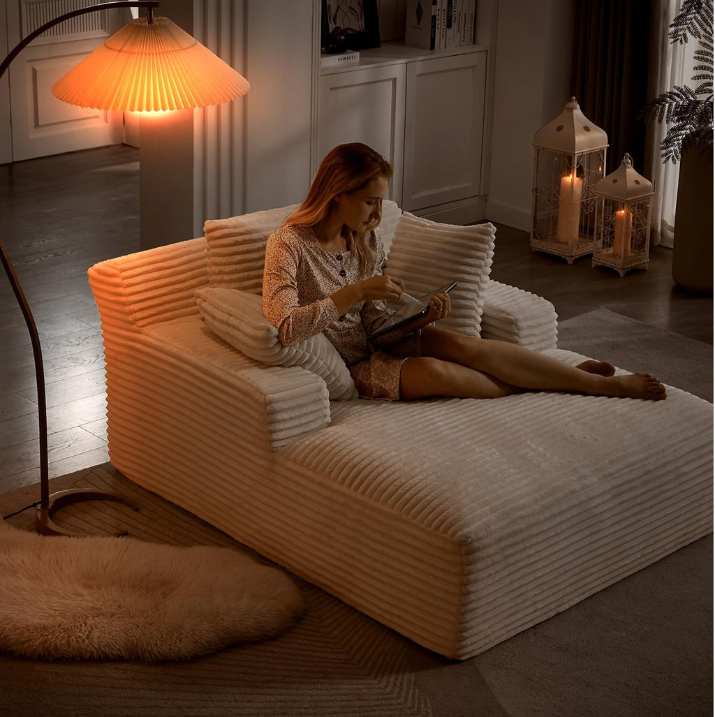 50" W Chaise Lounge Chair Indoor, Oversized Upholstered Corduroy Boneless Sofa Bed with 3 Pillows, Deep Seat Sleeper Reading Chair Cloud Couch for Living Room, No Assembly Required