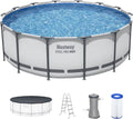 Bestway Steel Pro MAX 14' x 48" Above Ground Pool  Round Metal Frame Outdoor Swimming Pool Set with Filter Pump  Ladder  and Cover  Gray