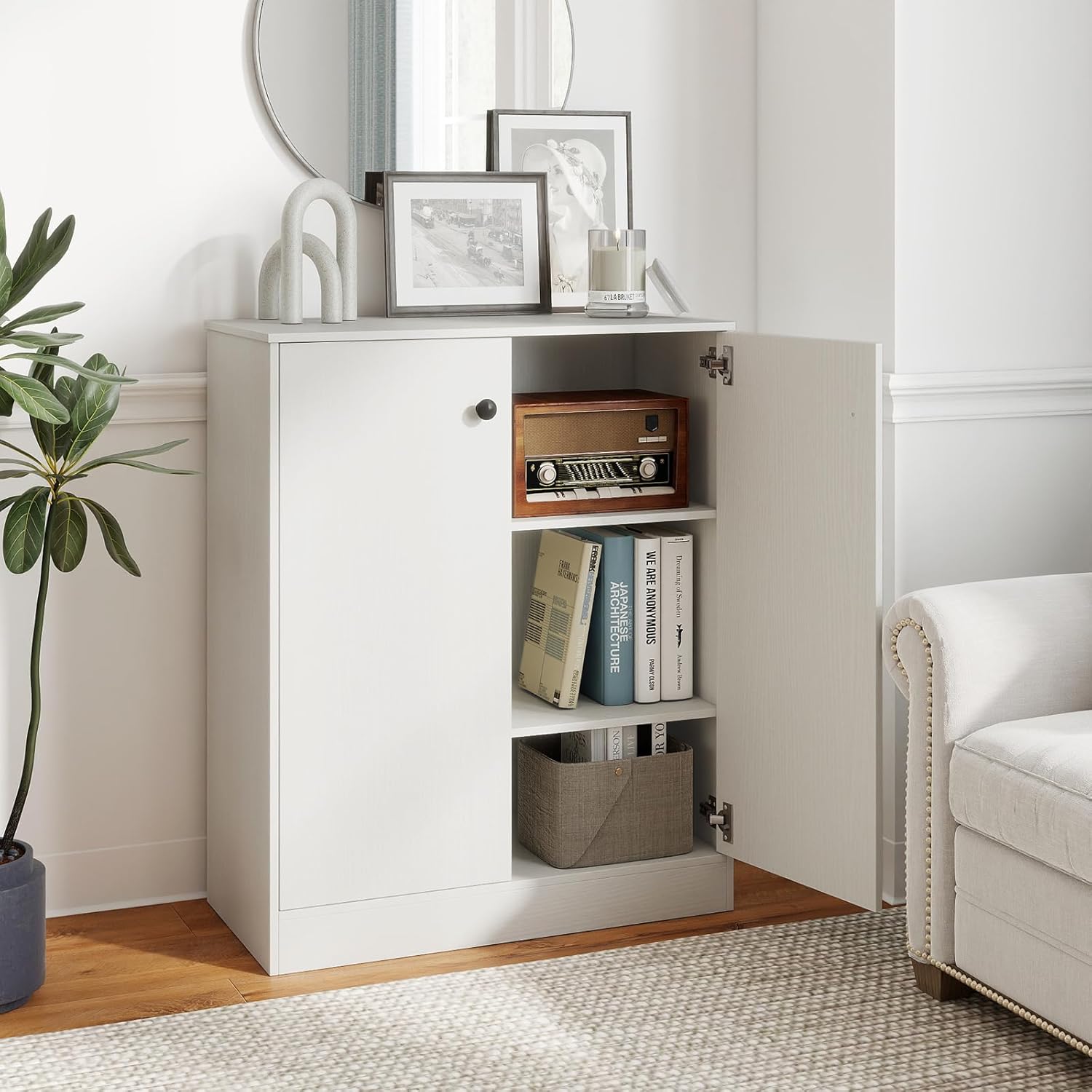 Giantex 2 Door Storage Base Cabinet - Freestanding Floor Cabinet with 3-Tier Shelf, 28” x 13.5” x 33.5”, Non-Slip Foot Pads, Kitchen Cupboard Storage Organizer for Living Room, Entryway, Office