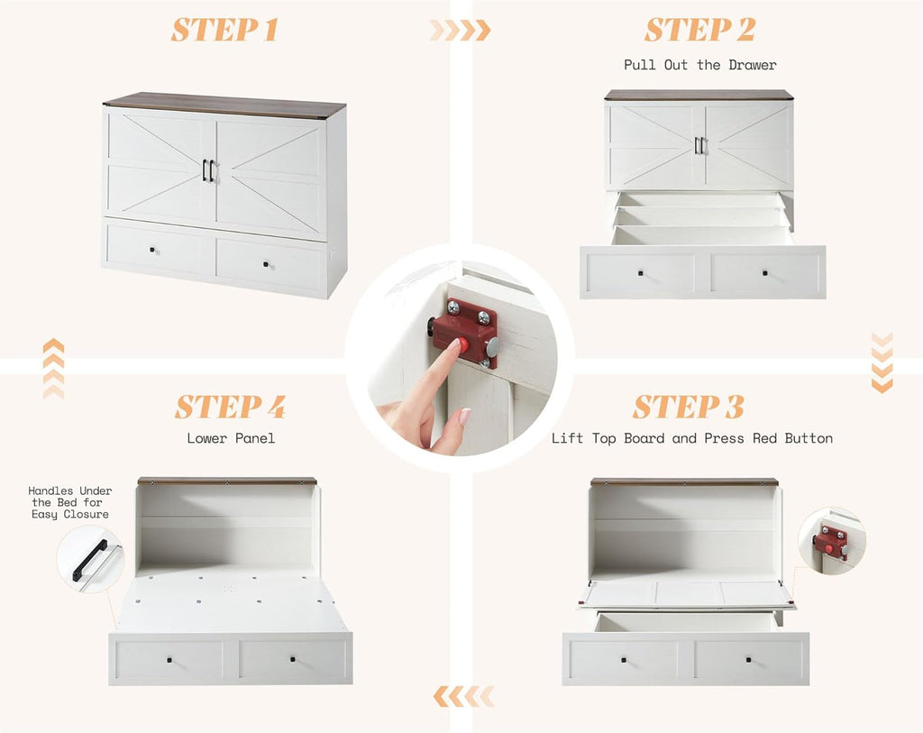 AMERLIFE Queen Murphy Bed with Storage & Charging Station, Farmhouse Murphy Cabinet with Foldable Panel, Noisy Free, for Guest Bedroom, Living Room, Office, Distressed White