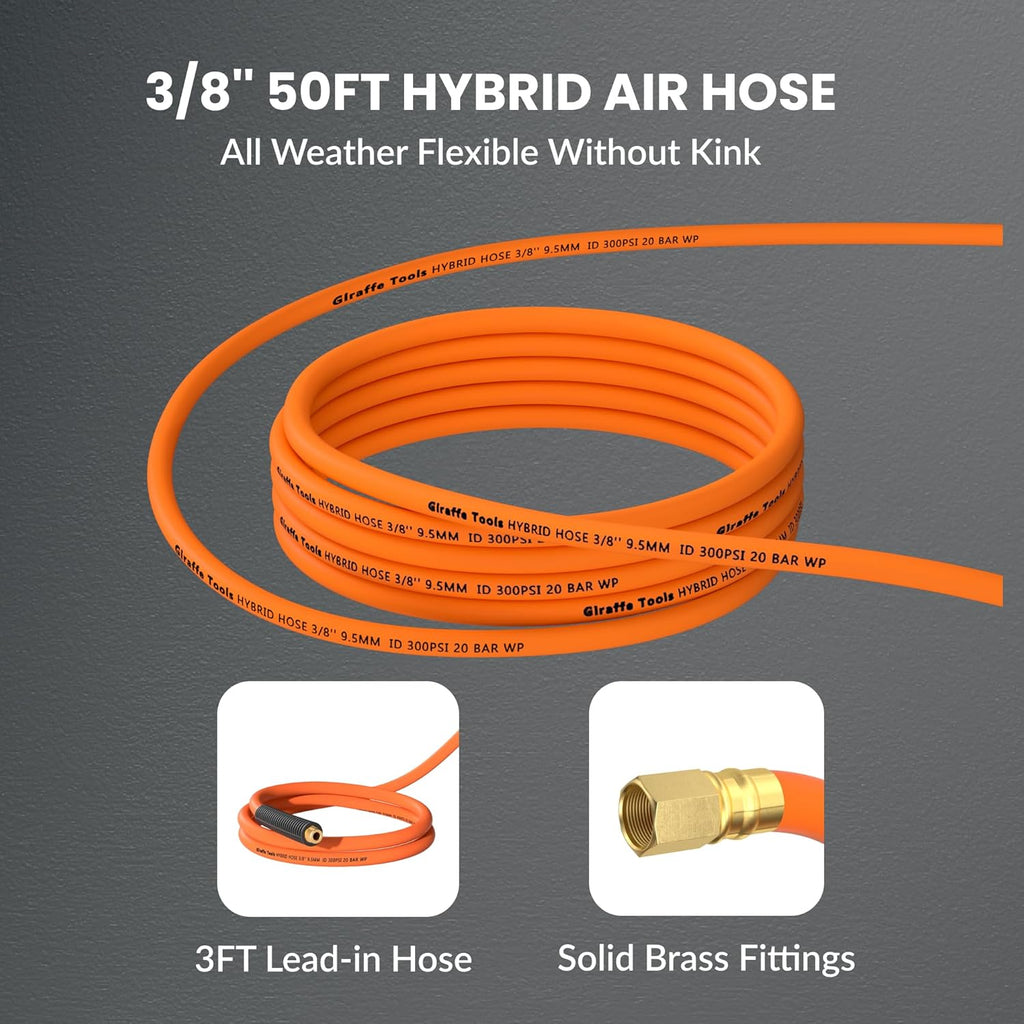 Giraffe Tools TA15 Retractable Air Hose Reel Swivel 3/8" x 50 ft Hybrid Hose, Max 300 PSI, Ceiling/Wall Mounted Heavy Duty Industrial Commercial Air Compressor Hose Reel, 50ft, Tangelo