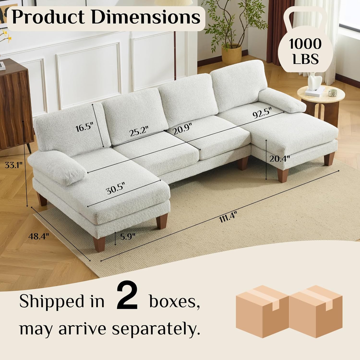 Karl home 110" U-Shape Sectional Couches for Living Room Chenille Upholstery 4 Seat Sofa Set with Double Chaises & Wood Grain Legs for Apartment, White