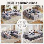 KKL 150" U Shaped Sectional Modular Boneless Sofa, 6 Seater Cloud Couch with Ottoman, Corduroy Sectional Couches for Living Room Bedroom, Grey