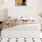 Allewie Queen Size Velvet Lift Up Storage Bed Frame, Vertical Channel Tufted Headboard, Hydrualic Underneath Storage, Upholstered Platform Bed, Wooden Slats Support, No Box Spring Needed, White