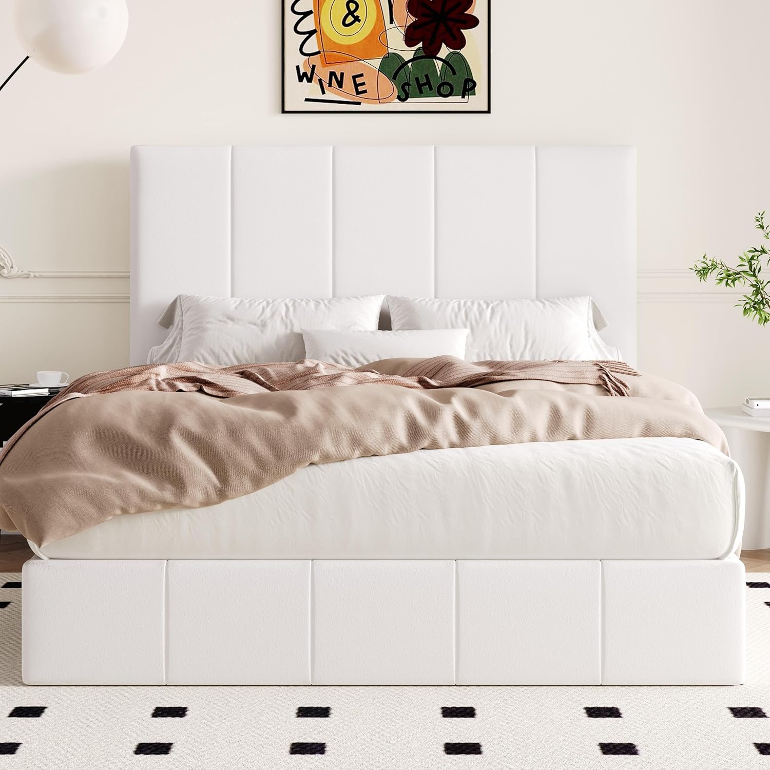 Allewie Queen Size Velvet Lift Up Storage Bed Frame, Vertical Channel Tufted Headboard, Hydrualic Underneath Storage, Upholstered Platform Bed, Wooden Slats Support, No Box Spring Needed, White