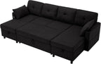 ACMEASE110“ U-Shaped Pull Out Sofa Bed w/Storage Chaise & Adjustable Back, Chenille Sectional Sofa w/USB Port,Tufted Sleeper Couch w/Cup Holders for Living Room, Black