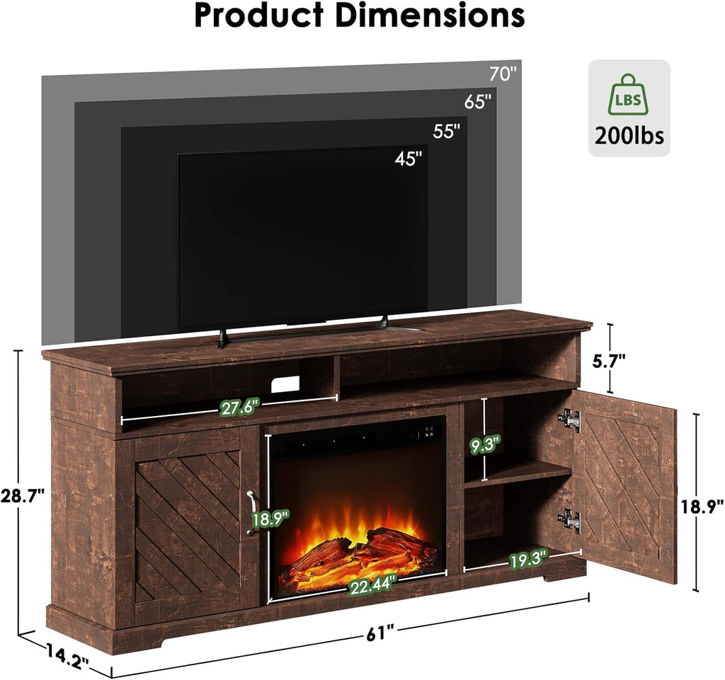 Marsail Fireplace TV Stand up to 70" TV with Storage, Farmhouse Entertainment Center with 23" Electric Fireplace, Adjustable Shelves, Remote Control & Cable Management, for Living Room, Brown