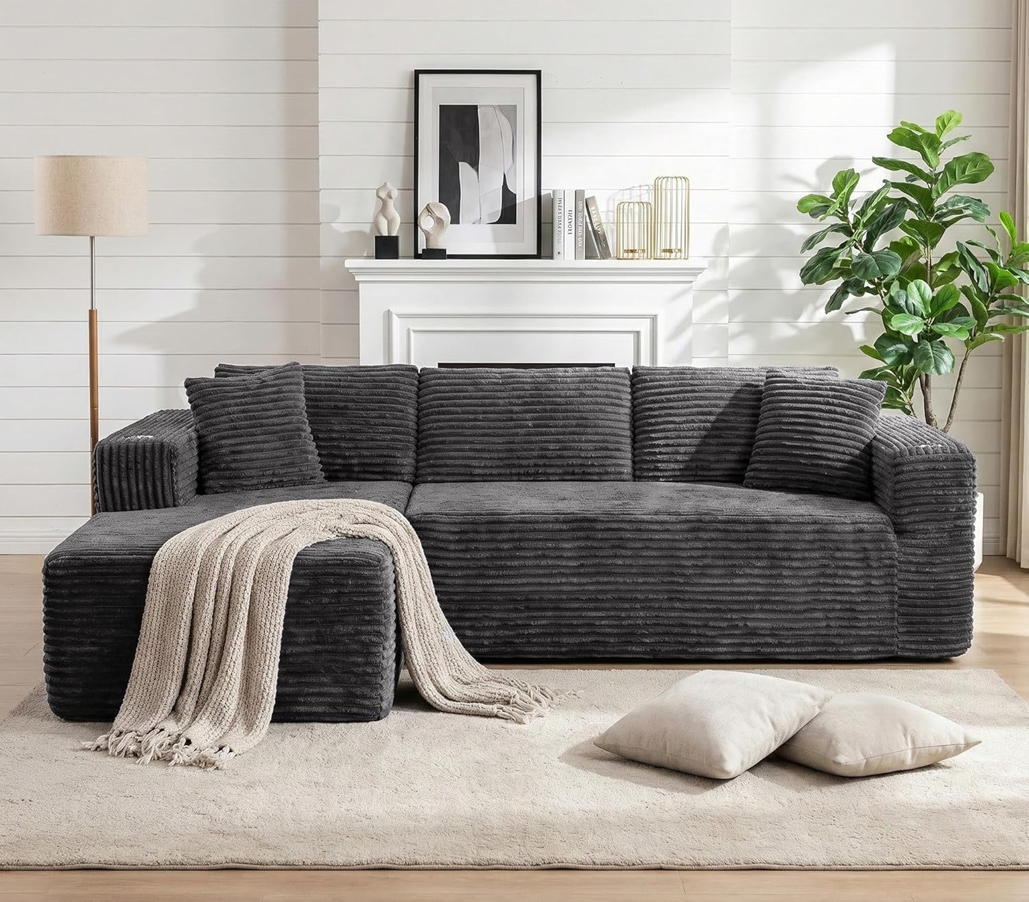 Vongrasig 103" Boneless Couches for Living Room,Sectional Couches Modular Sofa with L-Shaped Chaise, Memory Foam Comfy Cloud Couch with Plush Corduroy Fabric, No Assembly Required, Dark Grey