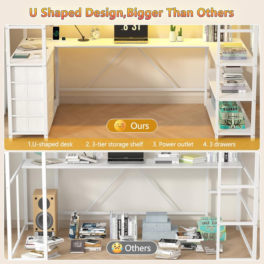 Loft Bed Twin Size with U-Shaped Desk, Metal Twin Loft Bed Frame with Storage Upholstered Headboard & LED Lights, Bunk Loft Beds with Power Outlet, Loft Beds with 4 Storage Drawers, Guard & Ladder