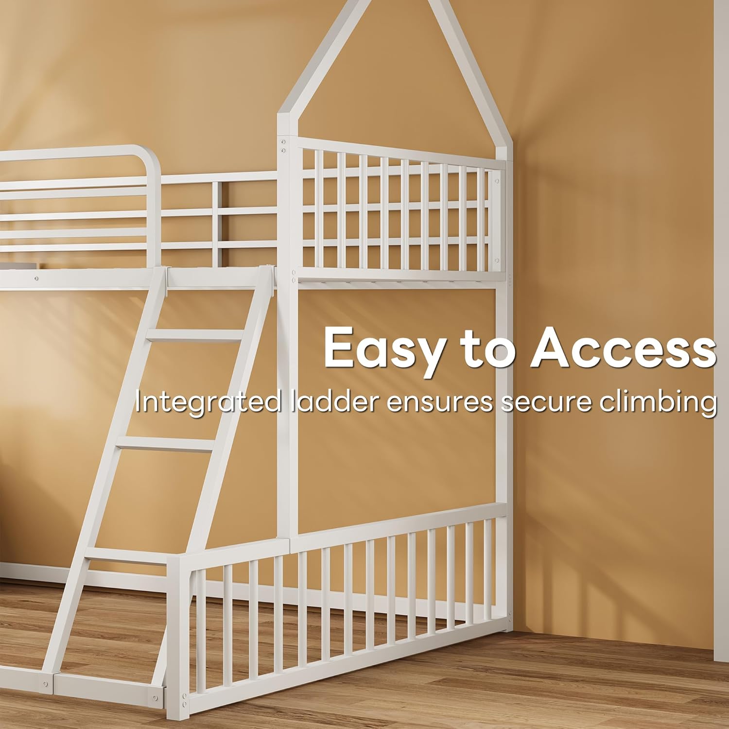 LIKIMIO Bunk Bed Twin Over Full Size, House Bunk Bed Frame with Ladder and Guardrail, House Shaped with Metal Slats Support No Box Spring Needed Space Saving for Bedroom and Dorm, White