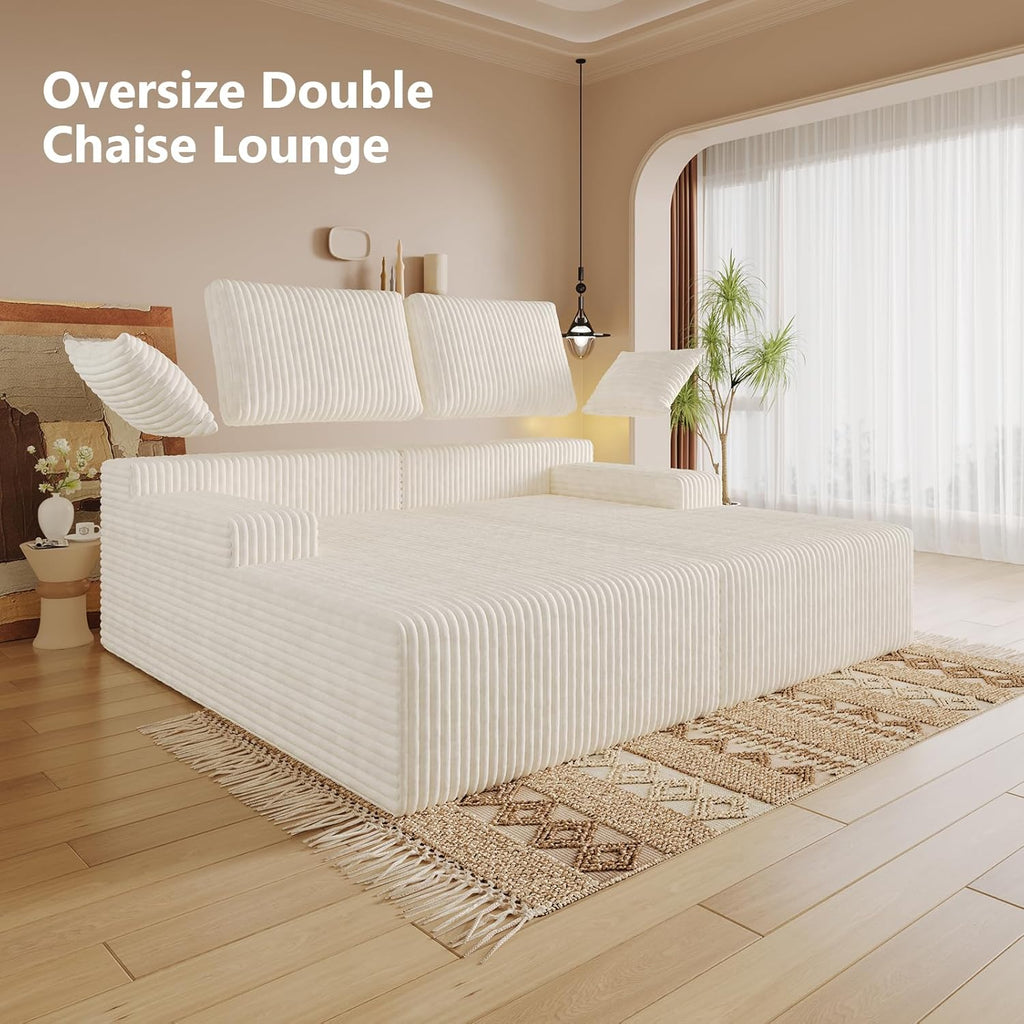 Oversized Double Chaise Lounge Chair Indoor, Sleeper Sofa Couch Bed White Comfy Detachable Flannel Fabric Recliner Bed Upholstered with Throw Pillows for Living Room, Bedroom, Movie Gaming Room