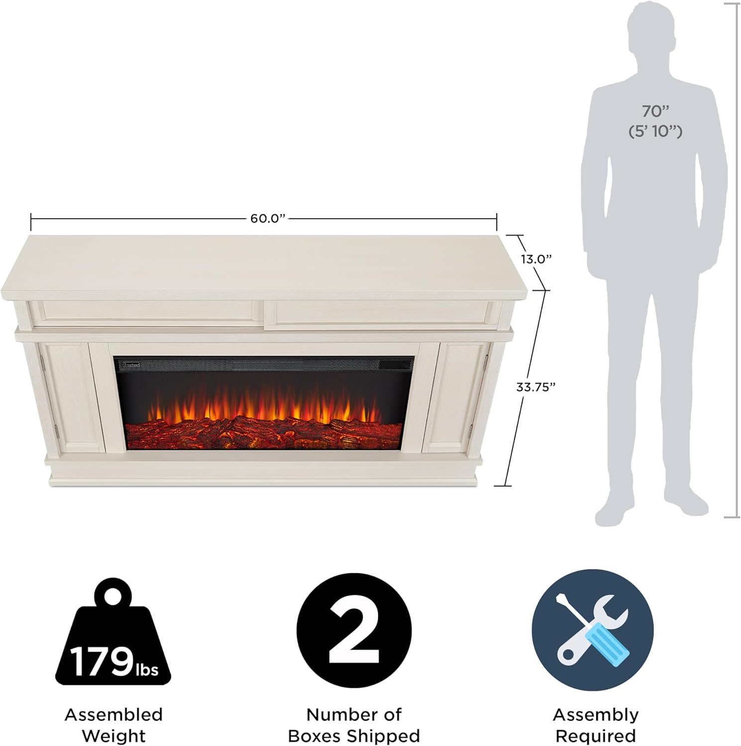 Real Flame Torrey 60” Electric Fireplace TV Stand for TVs up to 60 inches, Entertainment Center with Adjustable Shelves and Hidden Storage, TV Stand for Living Room and Bedroom, Bone White