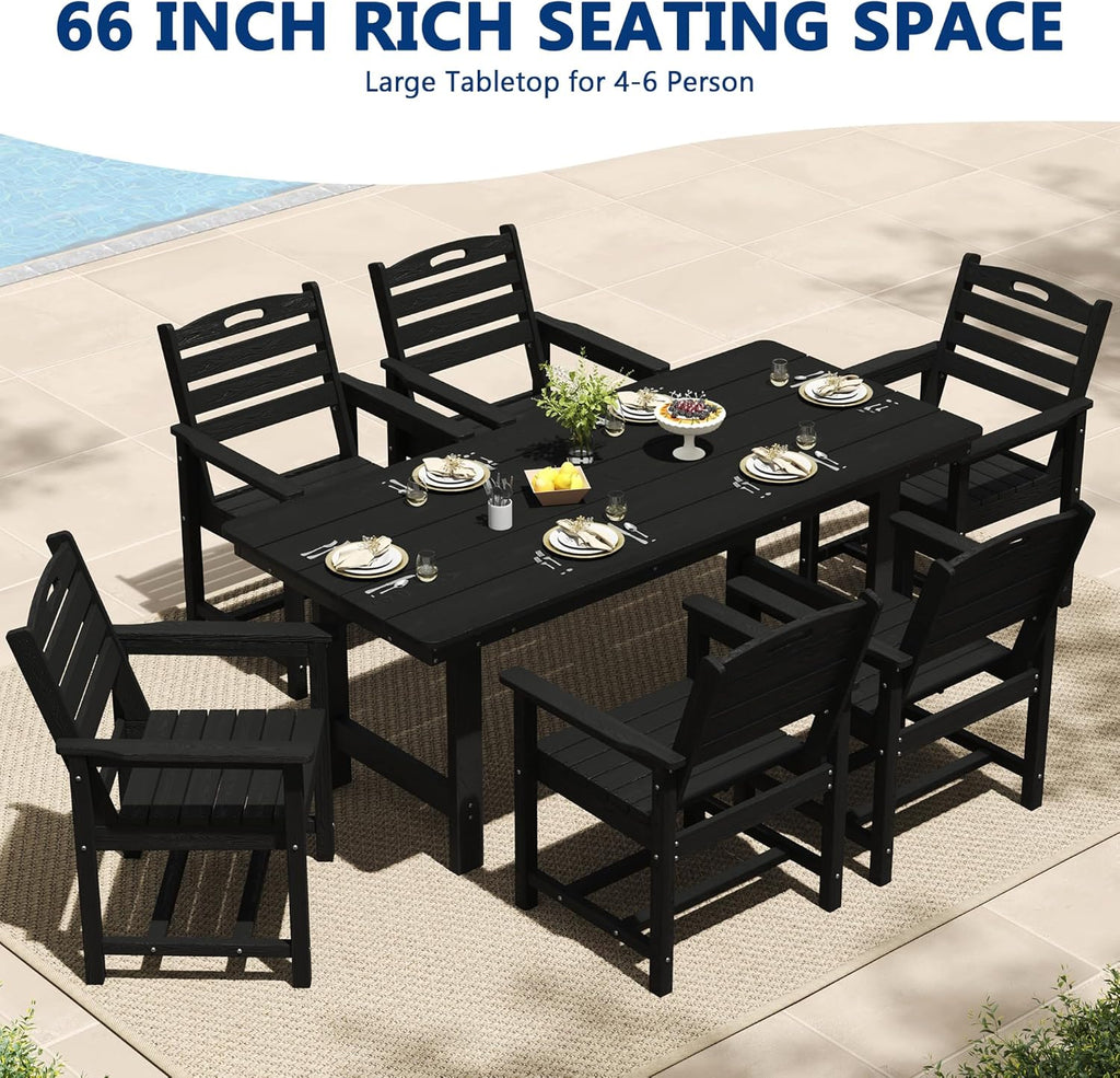 PIZZELLO Patio Dining Table for 6, 66" Rectangular HDPE Outdoor Dining Table with 1.8" Umbrella Hole, All Weather Outdoor Patio Table for Lawn Backyard Garden, Black