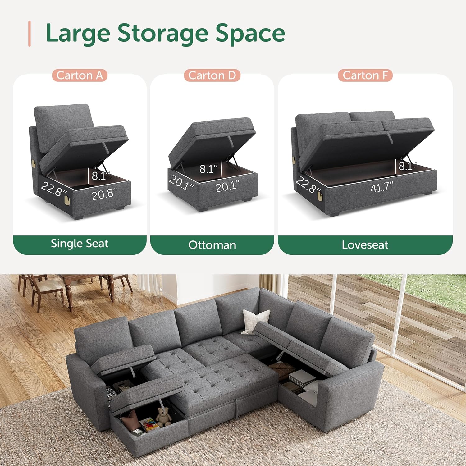 HONBAY Modular Sectional Sleeper Sofa with Pull Out Bed, Convertible L Shaped Couch with Storage Seat, Sectional Couches for Living Room,Grey
