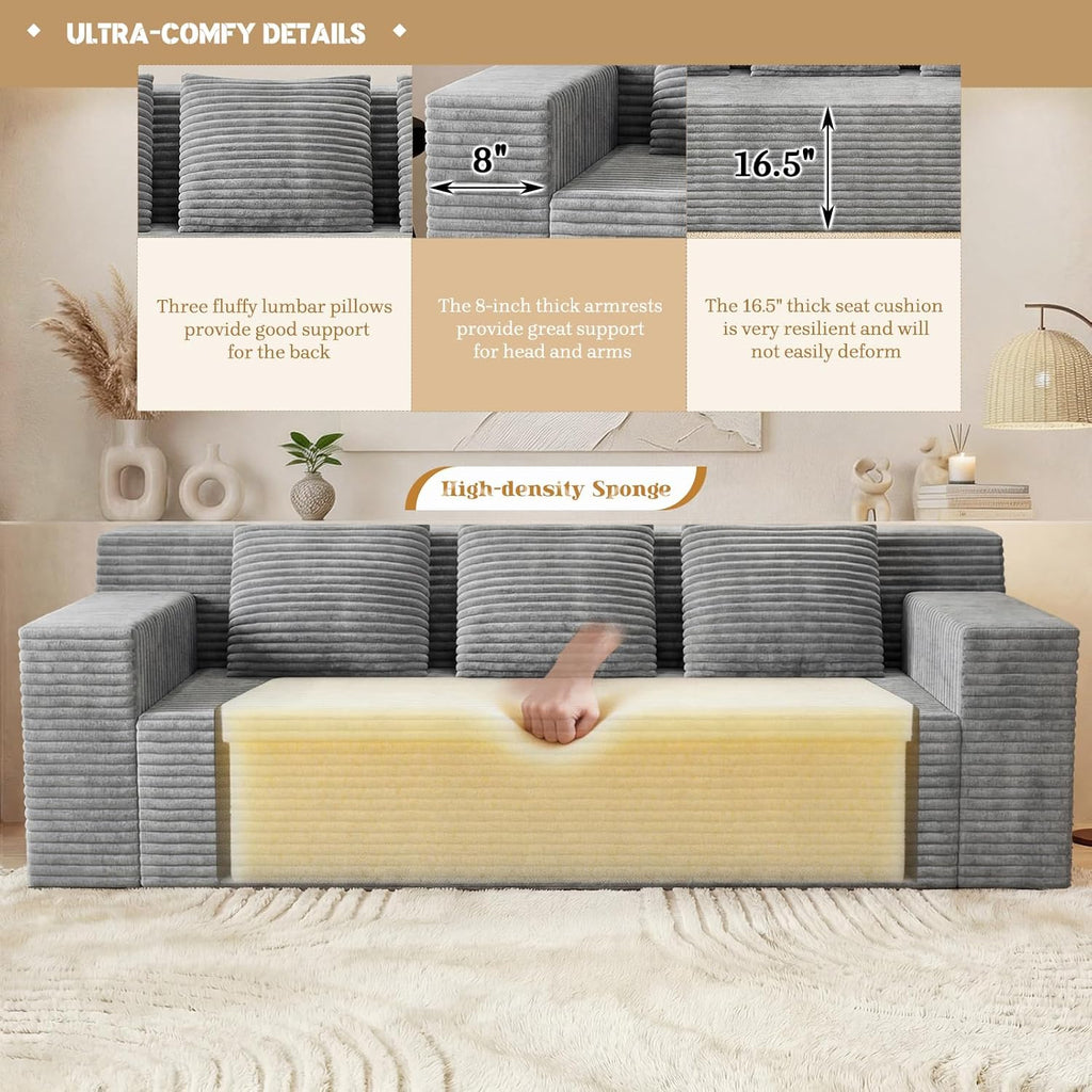 71" Corduroy Living Room Sofa, 3 Setaser Deep Seat Couch with 3 Lumbar Pillows, Comfy Boneless Sofa Modern Compressed Couch for Bedroom, Office, Apartment, No Assembly, Flat Armrests (Light Grey)